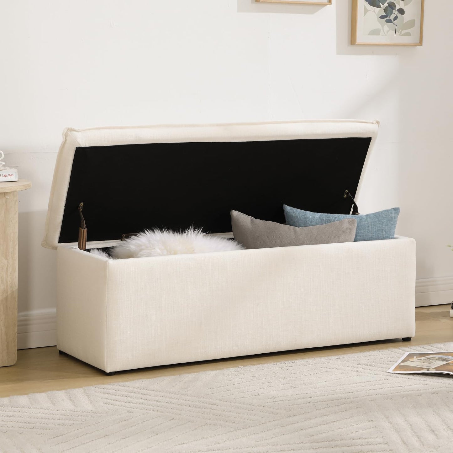 CIMOTA Storage Ottoman Bench, Upholstered End of Bed Storage Bench with Safety Hinge, Large Storage Chest with Seating, Modern Entryway Bench for Bedroom, Living Room, Linen Beige