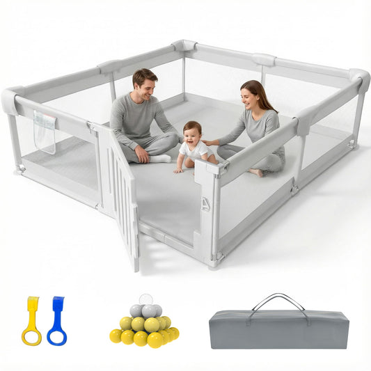 Funyoo 79" ×71" Baby Playpen with Gate, Large Baby Play Pen for Babies and Toddlers, Infant Fence Play Yard with Door for Living Room, Anti-Fall, Breathable Mesh