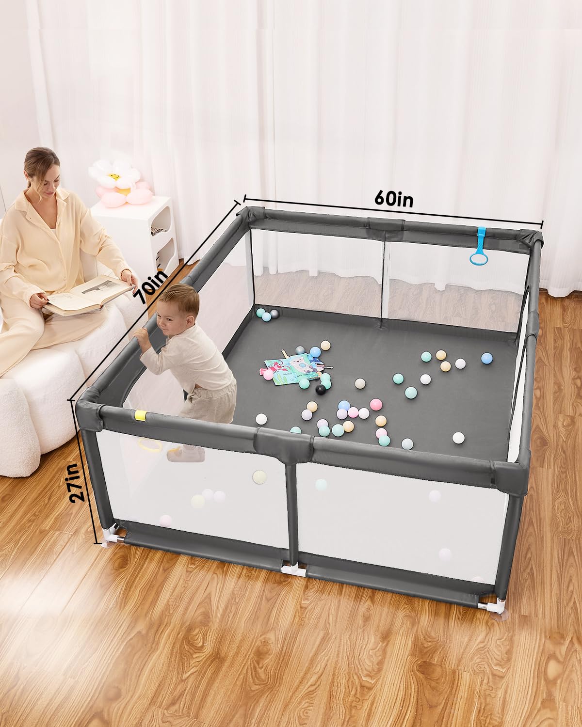 71" x 59" Extra Large Baby Playpen for Babies and Toddlers, Safe Activity Center with Soft Play Fence, Indoor Safety Yard, Easy to Assemble and Clean (Gray)
