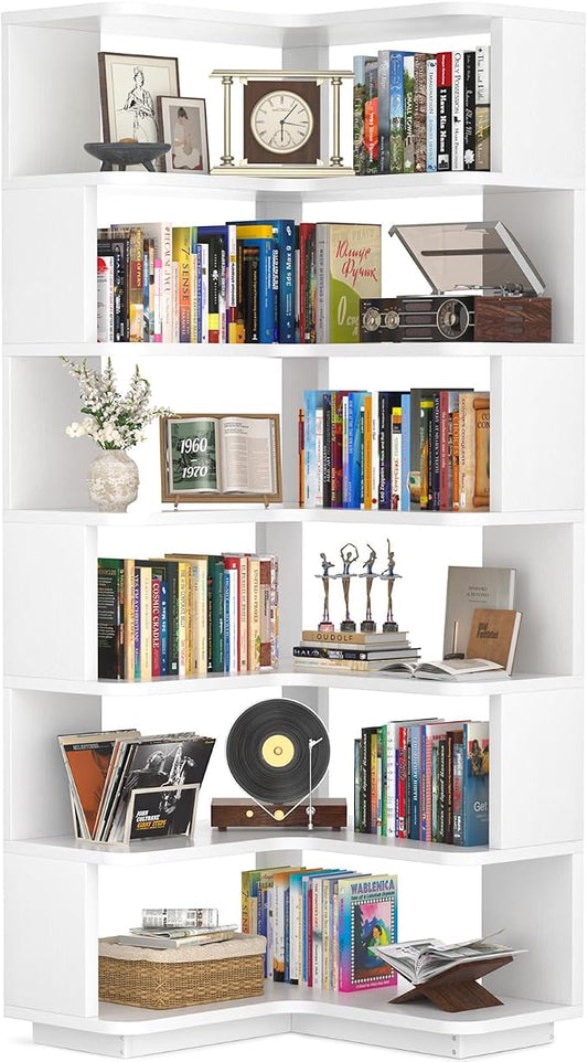 Armocity Corner Book Shelf - 7 Tier Corner Bookshelf Etagere Bookcase with Baffle, Freestanding L Shaped Display Shelf Stand for Home Office, Living Room, Bedroom, Kitchen, White