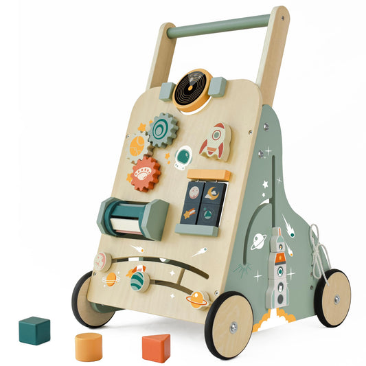 MILEFUN Adjustable Wooden Baby Walker – Montessori Push Toy for 1 Year Old with Rocket-Themed Activity Center, Sit-to-Stand Walker Gift for Boys and Girls