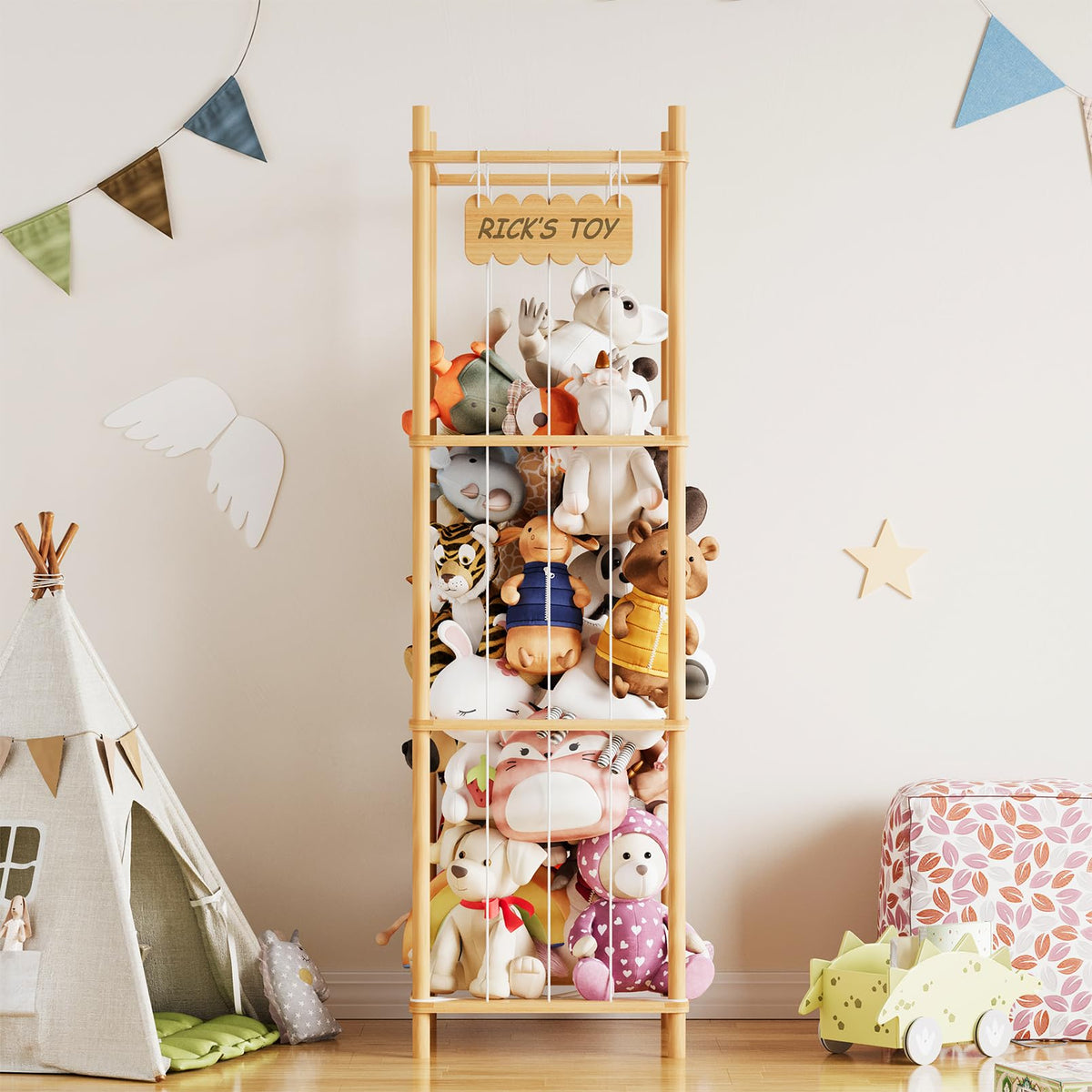 SpaceAid Stuffed Animal Storage Organizer, Wood Animals Zoo Toy Plushies Storage Holder, Large Capacity Plush Toy Cage for Playroom Organization, 15.8" Wide, Natural