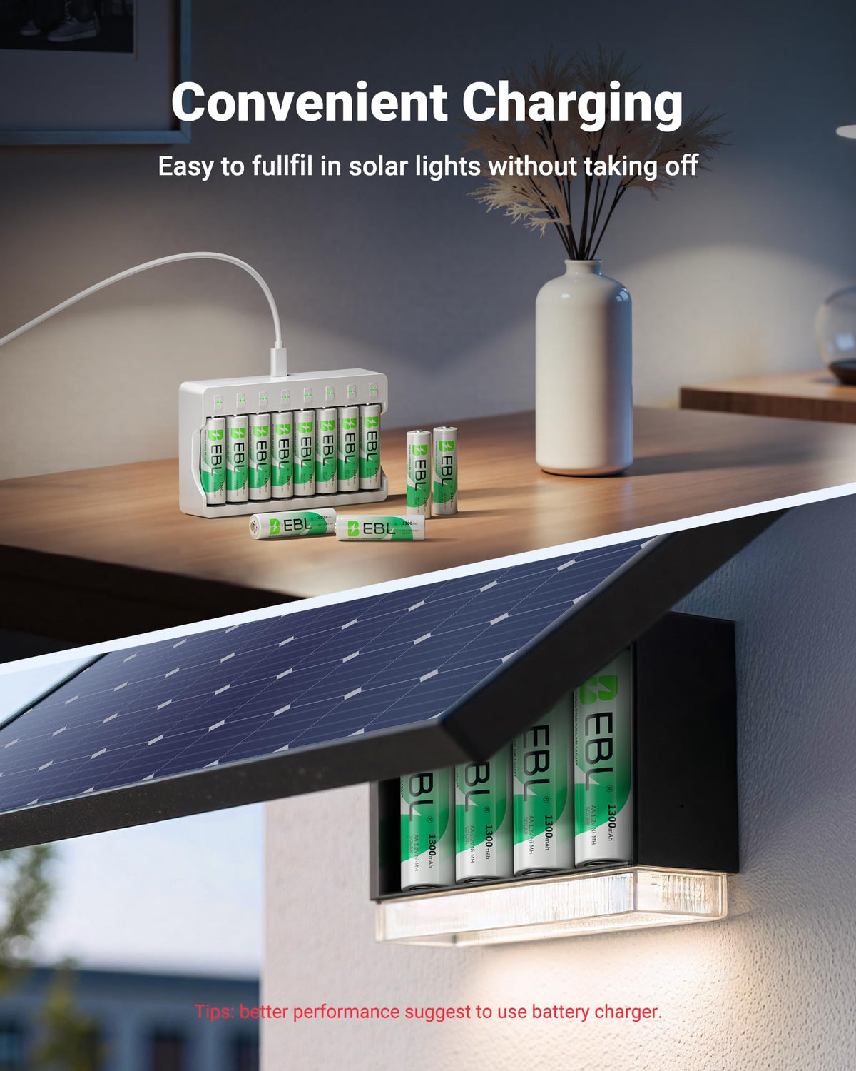 EBL Solar AA Battery Rechargeable Batteries for Outdoor Solar Lights, 1300mAh NIMH Pre-Charged 1.2V Recharge up to 1200x Times for Garden Landscaping String Lights, Pack of 12