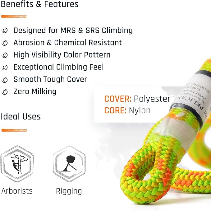 Pelican Rope Arborist Rope 11.8mm x 120Ft, USA Made High-Strength 24-Strands Static Climbing Rope - 7,000 lb Strength for Tree Climbing, Pulling, Outdoors & Swing - Yellow, Plain End