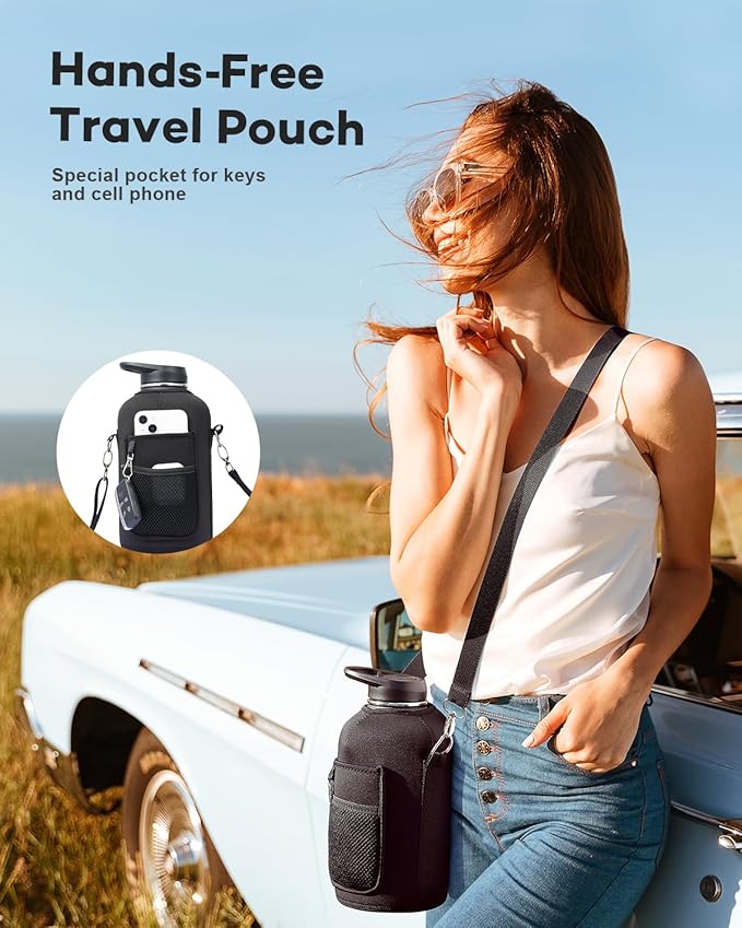 Half Gallon Water Bottle with Straw and Lid, 64 oz Insulated Stainless Steel Jug with Handle,Reusable Metal Travel Flask Mug Cup With Carry Pouch and Brush,Keep Cold & Hot,Black