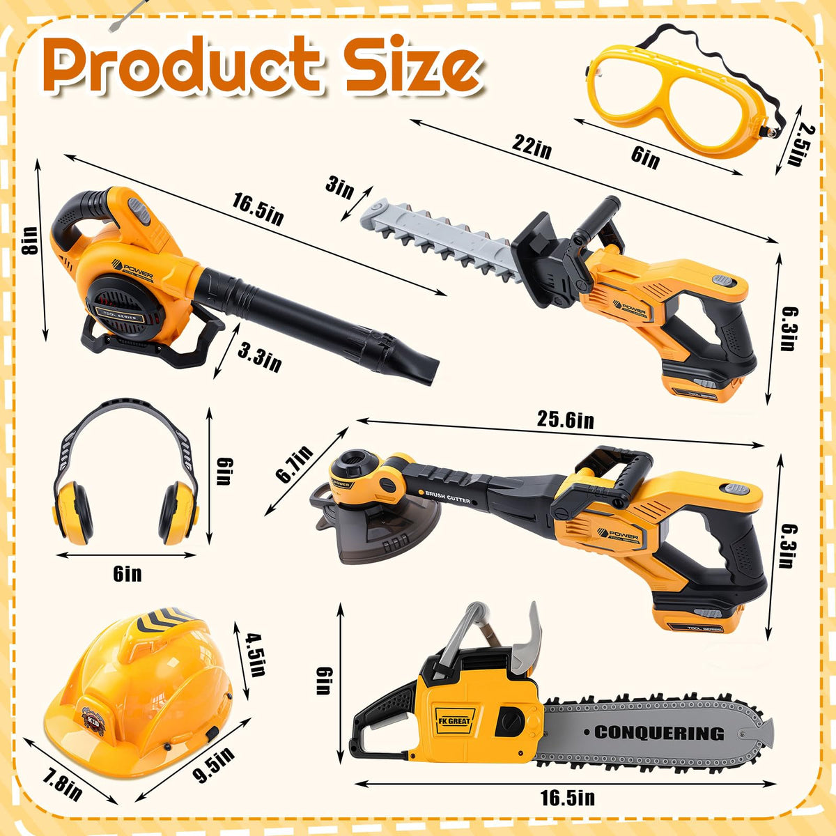 Arrowbash 7 Pcs Kids Gardening Tool Set, Toy Leaf Blower, Chainsaw, Hedge Trimmer, Weed Trimmer with Safety Goggles Helmet Earmuffs, Realistic Outdoor Toys Set with Sound Light for Summer Outdoor