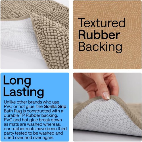 GORILLA GRIP Bath Rug Mat - Thick Absorbent Chenille | Quick-Dry Microfiber, 44x26, Gray Beige