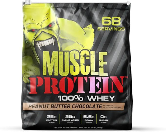 Muscle Protein Whey Powder [5 lbs/Pack of 1]??Cold Filtered, 25g Pure Protein, 6.6g BCAAs (Packaging May Vary) (5 Pound (Pack of 1), Peanut Butter Chocolate)