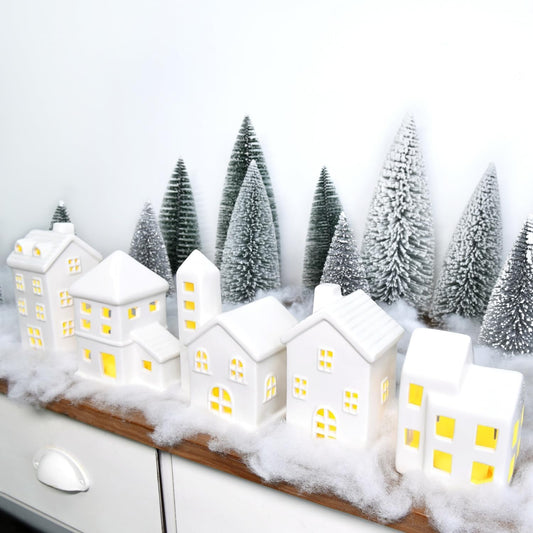 Regine Switzerland Ceramic Christmas Village Houses Set - 5 White Houses, 9 Trees & Fake Snow for Festive Home Decor