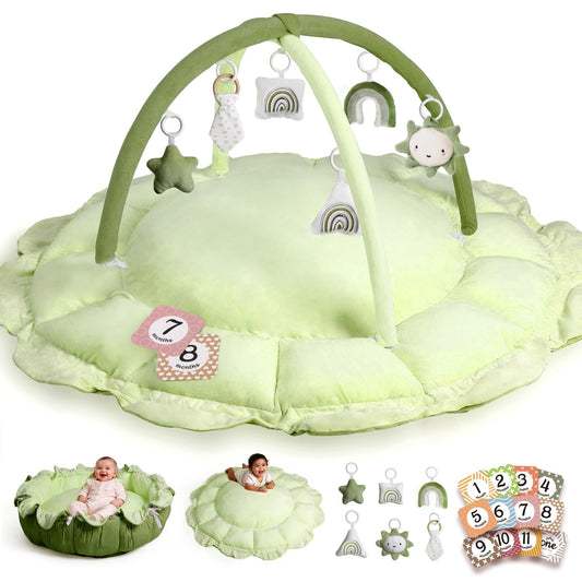 Little Dove 5-in-1 Convertible Baby Play Gym with 6 Toys, Tummy Time Mat for Sensory Development, Baby Activity Center from Newborn to Toddler, Ball Pit, Cat & Dog Bed, Soft Plush Pet Bed, Green