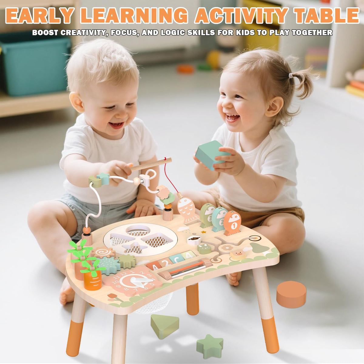 Weilim Activity Table, 9-in-1 Wooden Montessori Toy Activity Center with Shape Sorter Fishing Game Bead Maze, Baby Play Table Sensory Educational Toys for Toddler