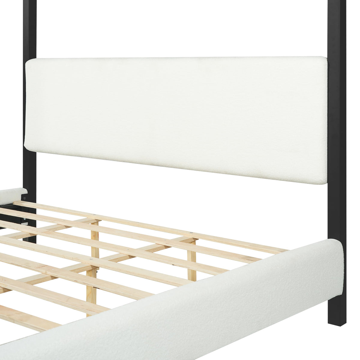Merax Modern Queen Szie Metal Canopy Bed with Plush Bouclé Upholstery,Four-Poster Bed with Wood Slat Support,Padded Headboard & Side Rails,No Box Spring Needed,Luxury Bedroom Furniture,White+Black
