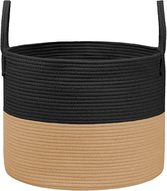 JMvicyroam 65L Extra Large Blanket Basket for Living Room - Woven Cotton Rope Laundry Hamper with Reinforced Handles - Storage Bin for Pillows, Comforters & Toys - Machine Washable,Black&Jute