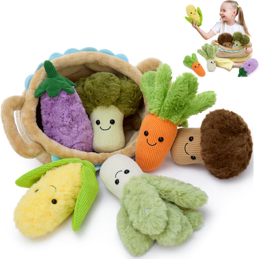 Tezituor 7 Pack Soft Vegetable Plushies Bulk for Easter Basket Veggie Stuffed Animals Interactive Toys Multi-Pack Food Playset Educational Plush Toy for Toddlers Party Favors Decor