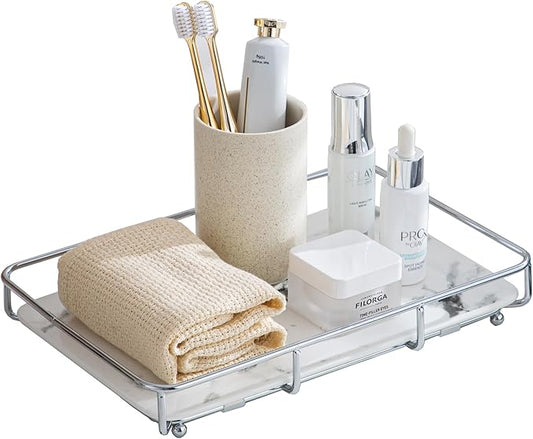 Dobbyby Vanity Tray Makeup Organizer Cosmetics Storage Bathroom Skincare Organizer Countertop Display Rack in Dresser Stainless Steel Shelf Marble Print Ceramic Trays