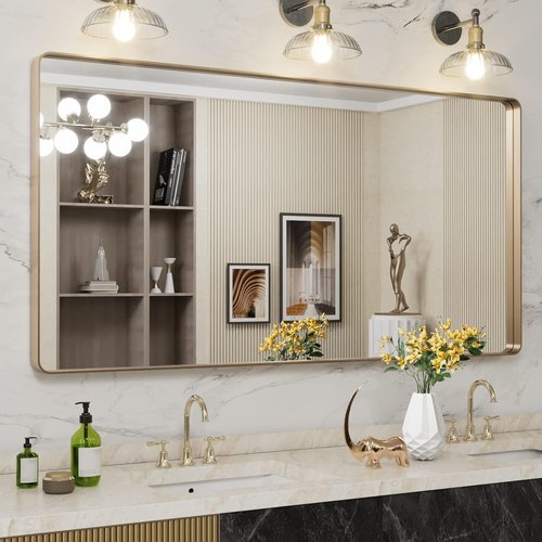 LOAAO Gold Bathroom Mirror - 60”x30” Rounded Rectangle Design | Brushed Gold Frame, Anti-Rust, Versatile Mounting Options