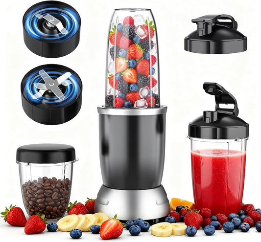 Smoothie Blender - 25000 RPM Portable Kitchen Blender with 37oz, 32oz & 23oz Cups | 2 Spout Lids & Resealable Lid