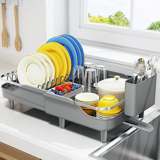 Urackify Dish Drying Rack for Kitchen Counter, Expandable Stainless Steel Dish Racks with Adjustable Water Spout, Space Saving Dish Drainer with Cutlery Holder,16.14"-23.62" L x 12.99" x 8.78",Grey