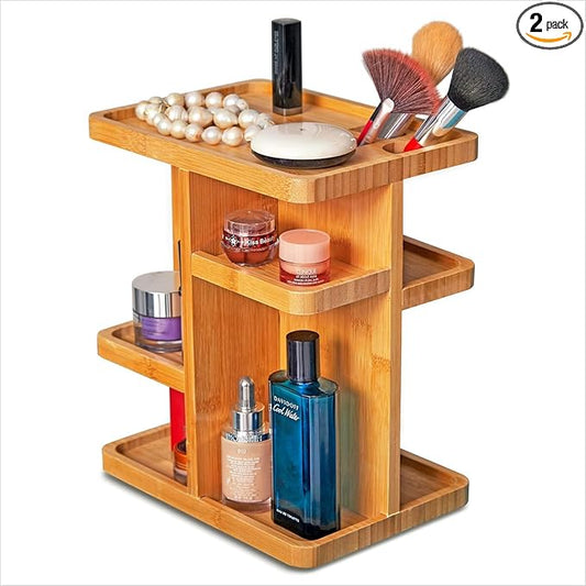 RoyalHouse Bamboo 360 Degree Rotating Makeup Organizer, Display Cosmetic Organizer, Multi-Function Storage for Makeup Desk, Bathroom, Bedroom, Closet, and Toiletries (Pack of 2)