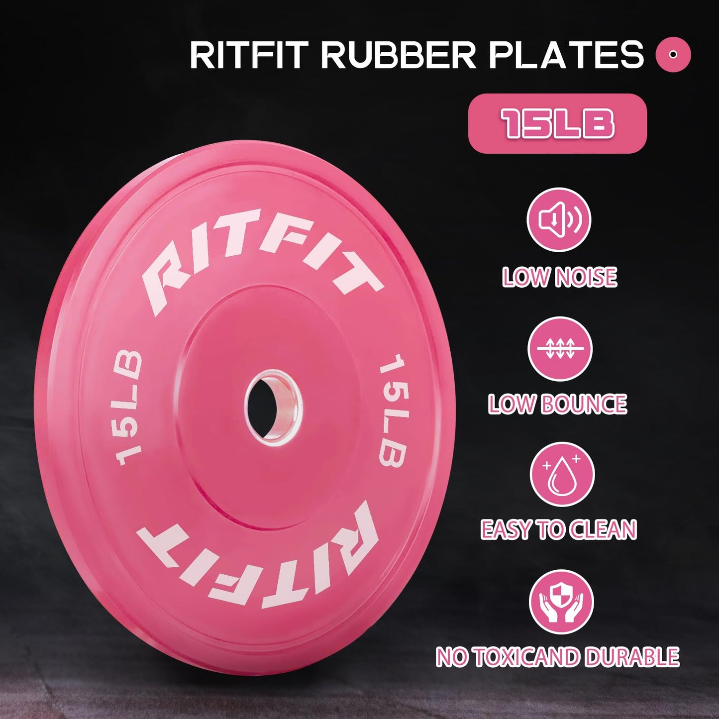 RITFIT Pink Weight Plates, 2 Inch Olympic Barbell Weight Plate, Bumper Plates With Steel Insert, Pink Weights for Gym and Home， 30LB SET