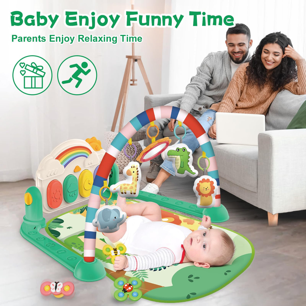 Joryuek Baby Gym & Play Mat, Tummy Time & Activity Mat Toys, Infant to Toddler Play Piano Mat, 0-12 Months (Green)
