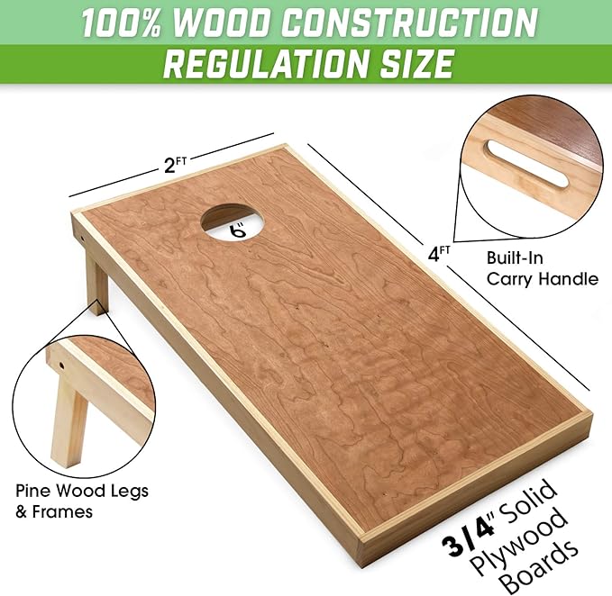 GoSports 4 ft x 2 ft Commercial Grade Cornhole Boards Set - Natural Wood Cornhole Boards, Choose from Different Bean Bag Color Combinations - White & Dark Green