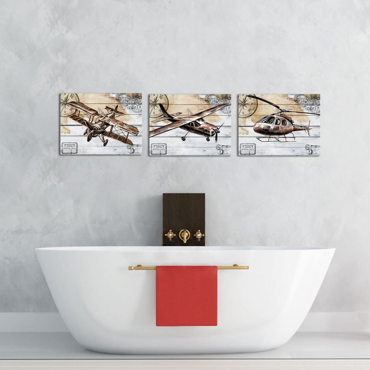KLVOS Airplane Canvas Wall Art Retro Biplane Propeller Plane Helicopter Picture on Wood Texure Giclee Print Artwork Stretched and Framed Aircraft for Kids Boy Room Wall Decor 12x16inchx3pcs