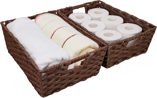 Onlytak Large Wicker Storage Basket Set - Washable & Waterproof Metal Frame | 15" x 10.3" x 5.2" - Brown
