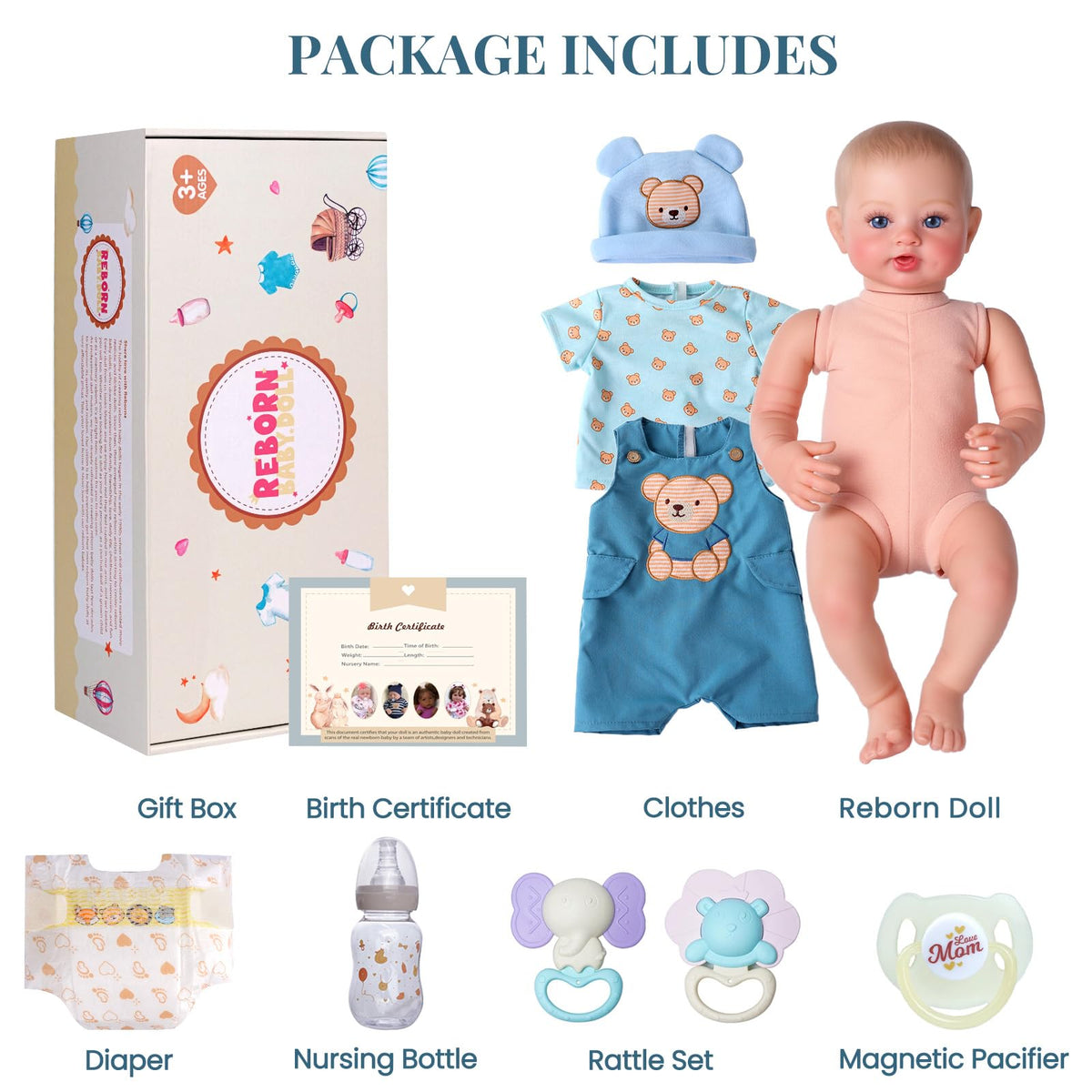 BABESIDE 17-Inch Reborn Baby Dolls, Realistic Lifelike Newborn Poseable Doll with Soft Vinyl Limbs, Cloth Body and Complete Accessories, Gift for Kids Girls Boys Age 3+