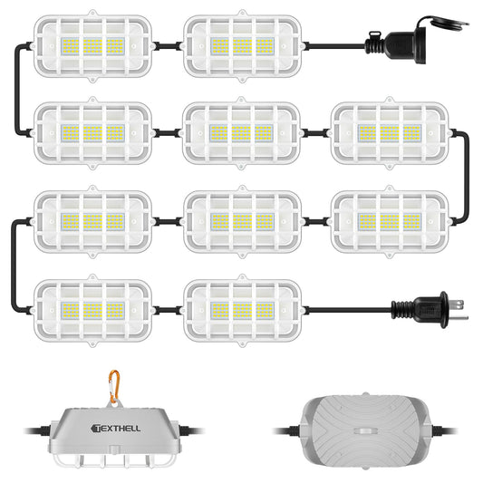 100ft LED Construction String Lights 300W Super Bright 30000LM Work Lights String Connectable Design for Workplace, Warehouse, Garage, RV, Indoor and Outdoor Weatherproof Temporary Lighting