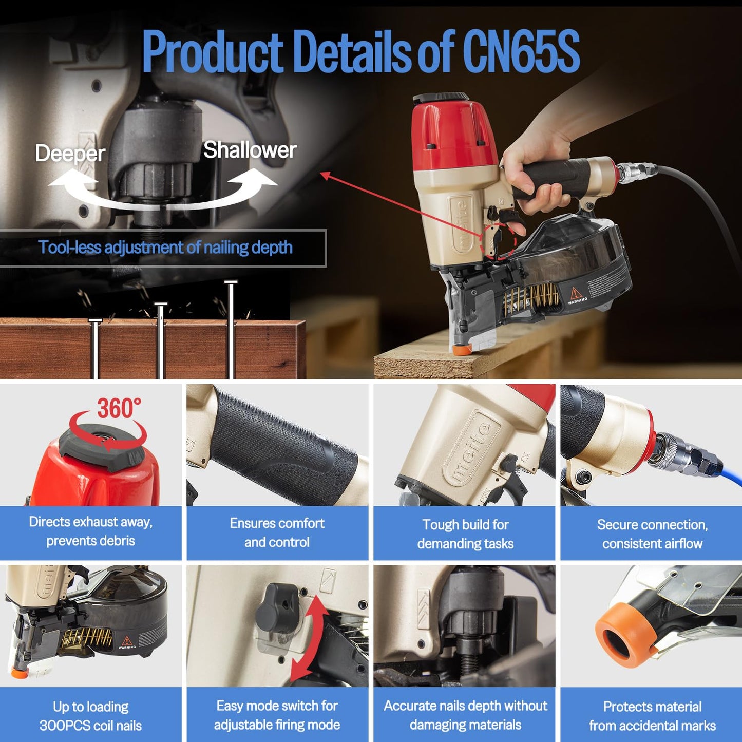 meite CN65S Coil Siding Nailer 15 Degree Pneumatic Nail Gun for Hardwood Fencing Decking Sheathing, Heavy Duty Air Siding Nail Gun with 360° Exhaust & Safety Lock, Drives 1-1/2" to 2-1/2" Coil Nails