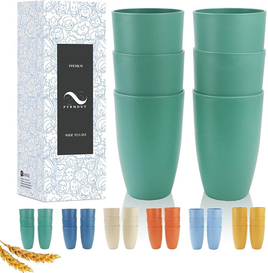 PYRMONT Wheat Straw Cups 20 Oz Alternative Plastic Cups Set of 6 Unbreakable Big Cups for Kitchen Dishwasher & Microwave Safe Large Water Cups for Iced Coffee,Smoothie-Green