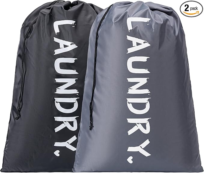 2 Pack XL Travel Laundry Bag, Machine Washable Dirty Clothes Organizer with Drawstring,Large Enough to Hold 4 Loads of Laundry, Easy Fit a Laundry Hamper or Basket Travel Essentials 24" x 36"
