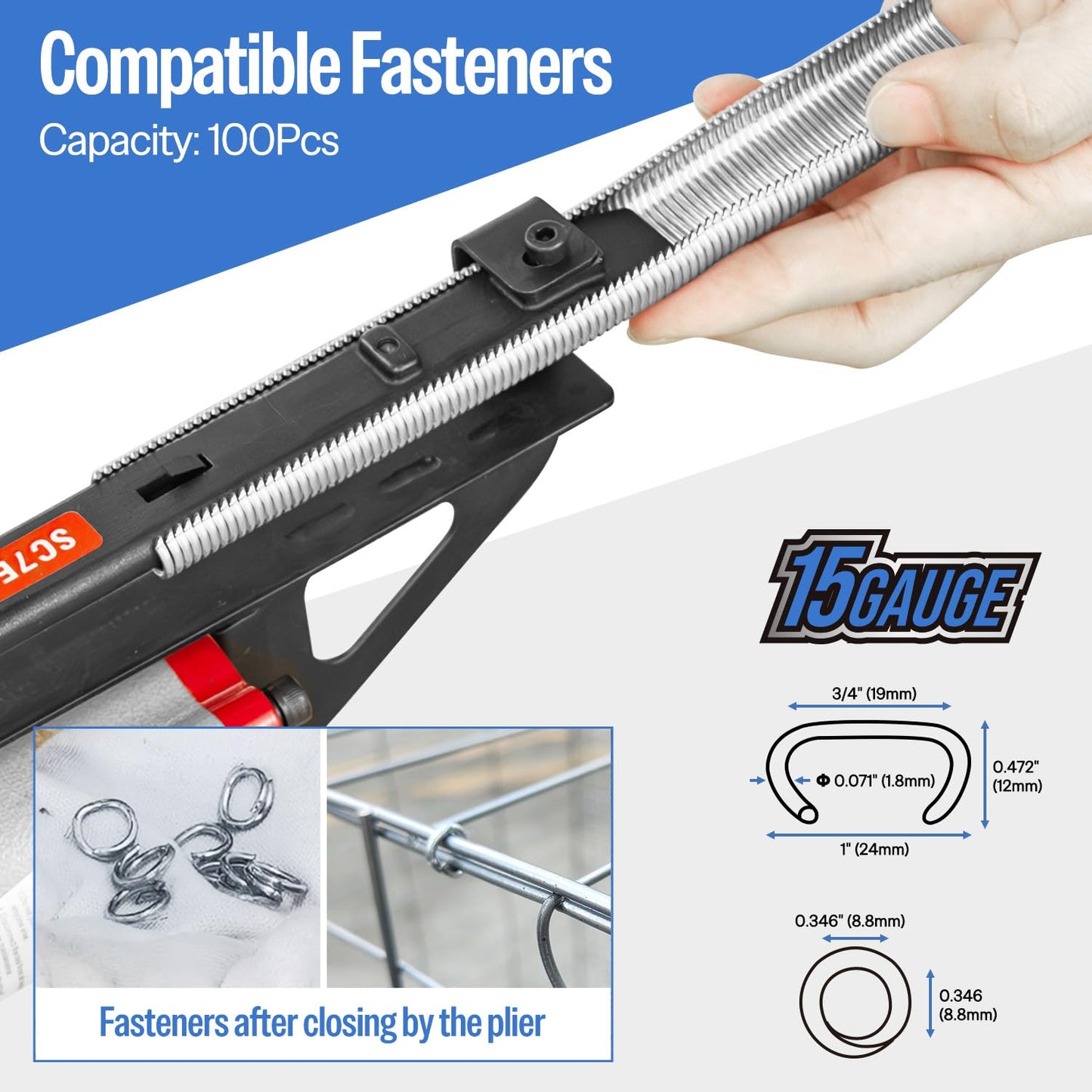 meite SC7E-I2 Pneumatic Hog Ring Gun with 2000 PCS 15GA Hog Rings, 15 Gauge 3/4" Crown Extended Nose Hog Ring Pliers, 8.8 mm Closure, Upgrade Trigger Air C Ringer for Mattress Assembly