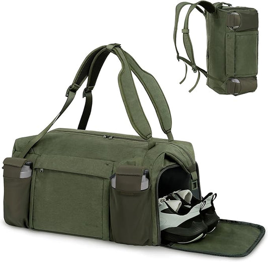 Gym Bag for Men with 2 Upgraded Bottle Holders Convertible Duffle Bag and Gym Backpack Waterproof Sports Bags with Shoes Compartment and Wet Pocket - Dark Green