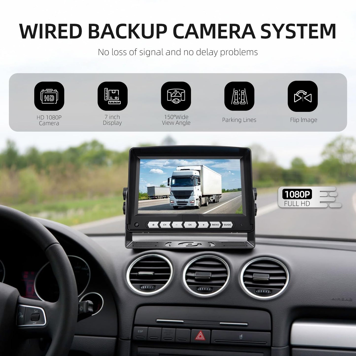Tulakeey 7'' Wired Backup Camera System with DVR Recording, 1080P HD Monitor & IP69 Waterproof RV Rear View Camera, Loop Recording, Split Screen, 12V-24V