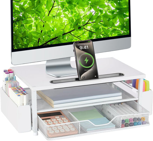 2-Tier AUPSEN White Monitor Stand Riser, Wood Computer Desk Organizer with Drawer, Pen Storage & Phone Holder, Office