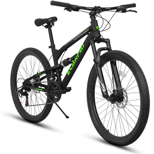 26 Inch Mountain Bike, 21-Speed Mountain Bicycle with Full Suspension and Dual Disc Brakes Thumb Shifter, High Carbon Steel Frame MTB Bike for Teenagers Adult Men Women Trail Commuter, Black-Green