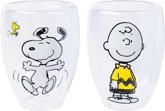 Silver Buffalo Peanuts 2 Piece Double Walled Glass Set Featuring Snoopy, Woodstock, and Charlie Brown, 12.5 Ounces