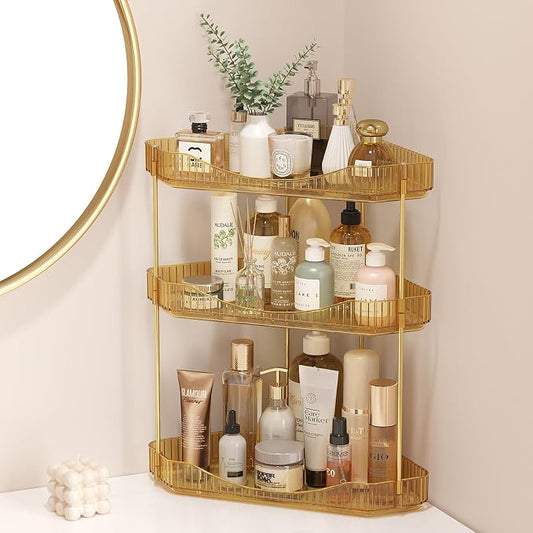 Lifewit 3-Tier Corner Bathroom Counter Organizer, Plastic Makeup Skincare Organizers Storage Countertop, Large Sink Cosmetic Perfume Shelf for Bedroom, Dresser, Kitchen, Vanity, Gold, 25 cm/10inch(H)