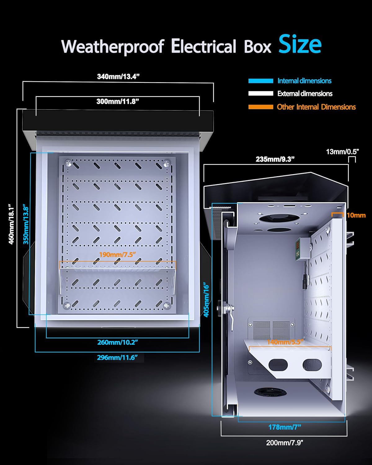 Akwscyby Outdoor Electrical Box with Thermostat and Fan, Precise Temperature Control 0.1°F, IP65 Water Resistant Rating, Galvanized Steel, Aluminum Rear Beam (17.7 "x13.4 x9.4)
