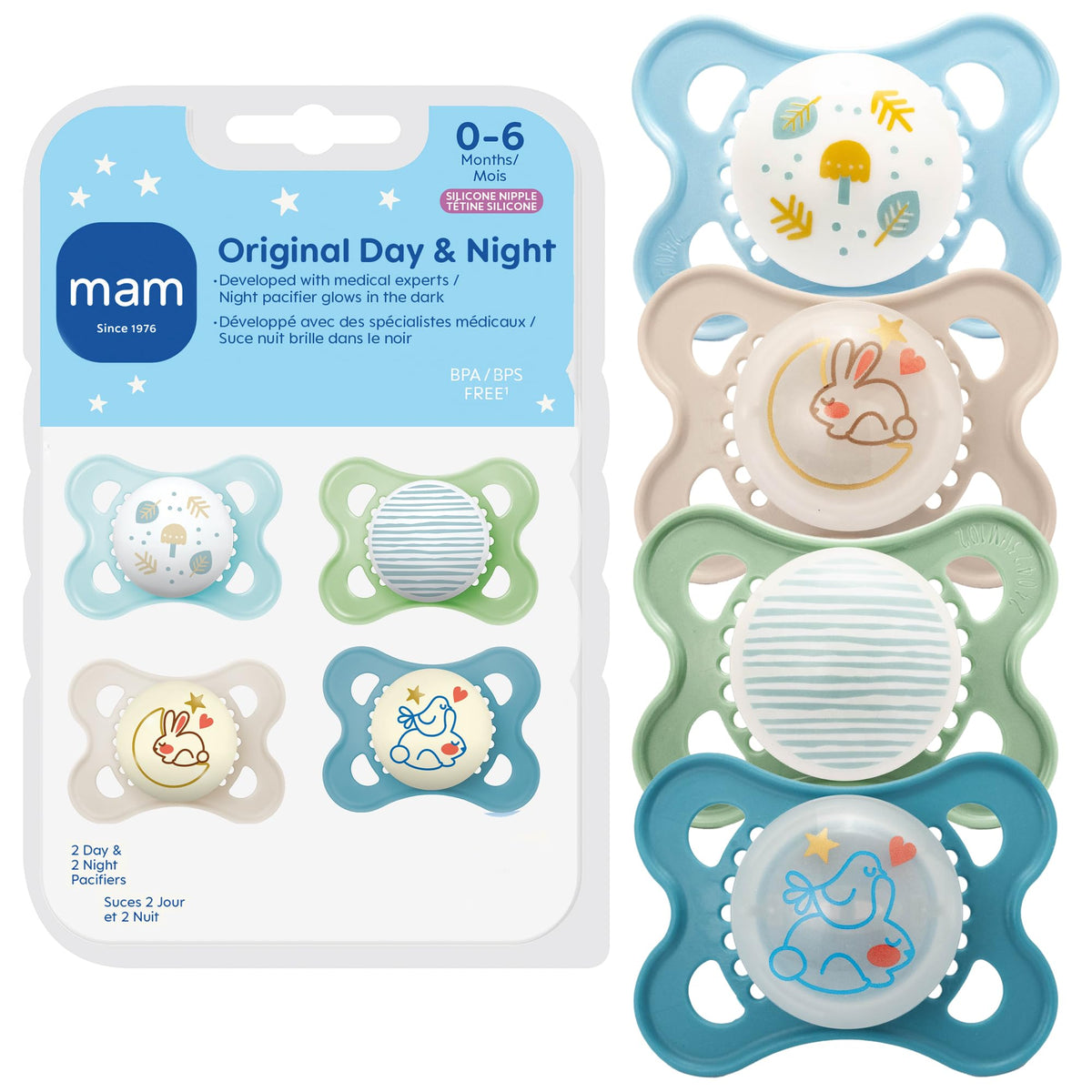 MAM Original Baby Pacifiers 0-6 Months, Binky for Newborn Babies, BPA-Free Skin Soft Silicone Nipple, Glows in The Dark, Developed with Medical Experts, 4 Count, Made in Europe
