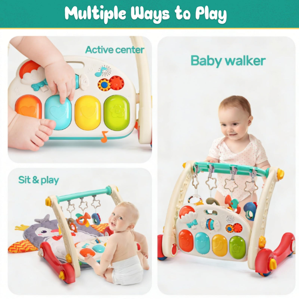 CUTE STONE Baby Play Gym & Learning Walker, Baby Play Mat with Play Piano, Musical Activity Center with Lights, Baby Push Walkers & Thin Playtime Mat for Infant Newborn Toddlers