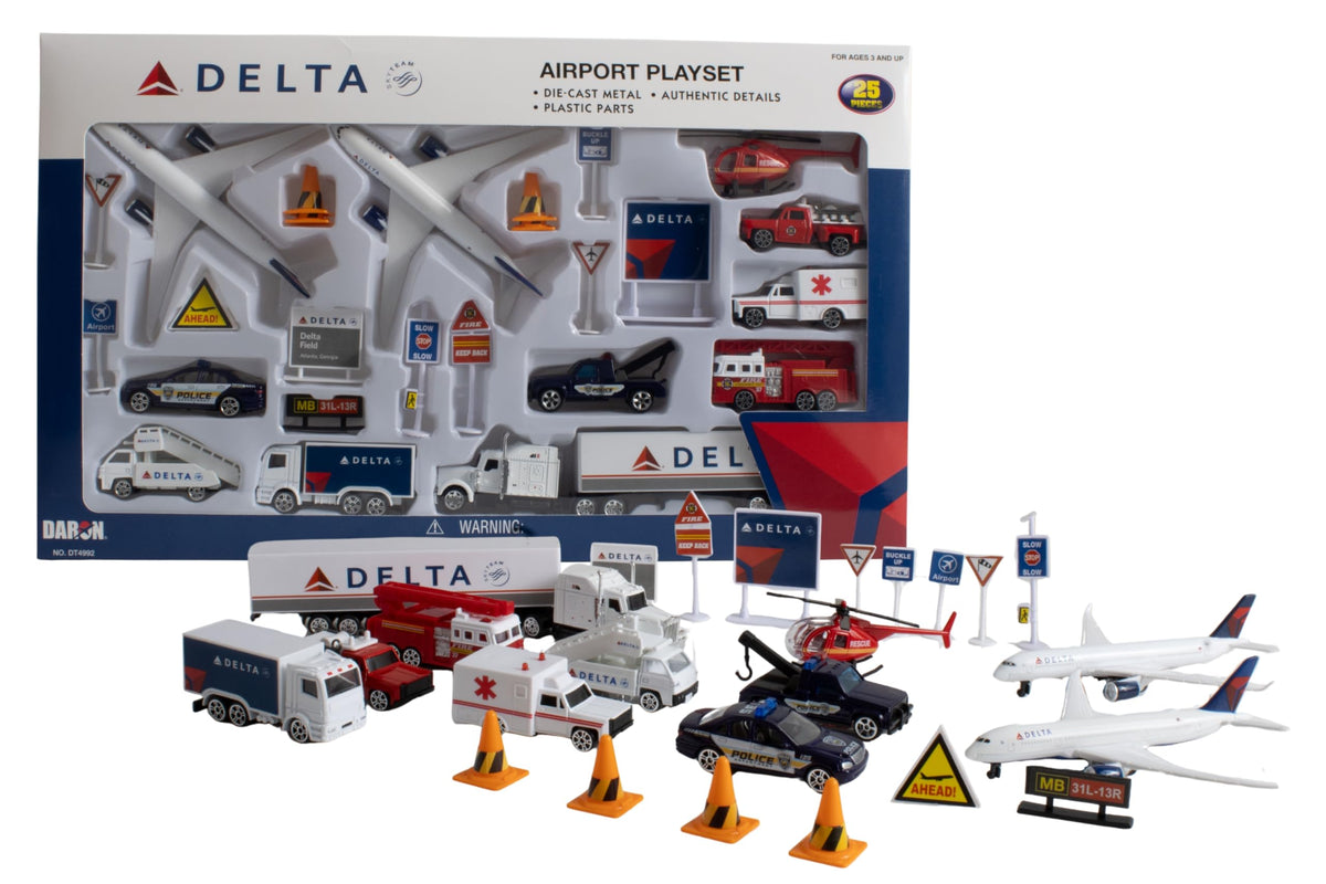 Daron Delta Airport 25-Piece Die-Cast Metal and Plastic Airplanes, Vehicles, and Accessories Playset Toy and Collectible for Ages 3+