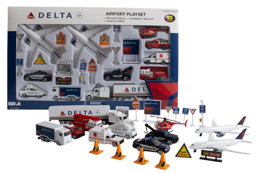 Daron Delta Airport 25-Piece Die-Cast Metal and Plastic Airplanes, Vehicles, and Accessories Playset Toy and Collectible for Ages 3+