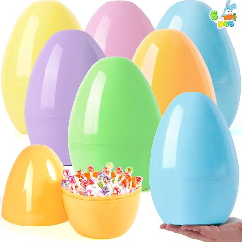 JOYIN Jumbo Easter Eggs - 10" Pastel Plastic Fillable Eggs for Treats, Party Favors & Decorations | 6 Pack