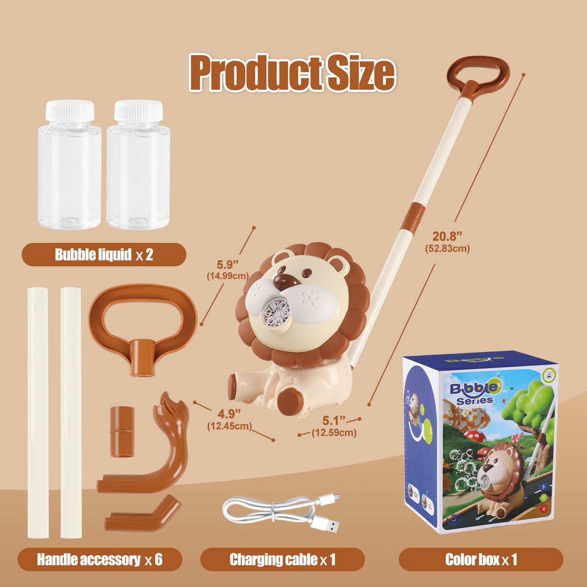 Lion Automatic Bubble Machine for Toddler Kid Toy 1 2 3 4 5 6 7 8 1yr Year Old Little Girl Boy Gift Lawn Mover Maker Blower Summer Outdoor Push Toys Rechargeable Easter Christmas Birthday Present