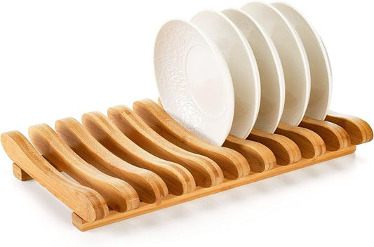 Frcctre Bamboo Dish Drying Rack, 10 Slots Bamboo Cabinet Plate Stand Dish Drainer Wooden Plate Rack Pot Lid Holder Kitchen Dish Plate Storage Organizer for Countertop Cabinet
