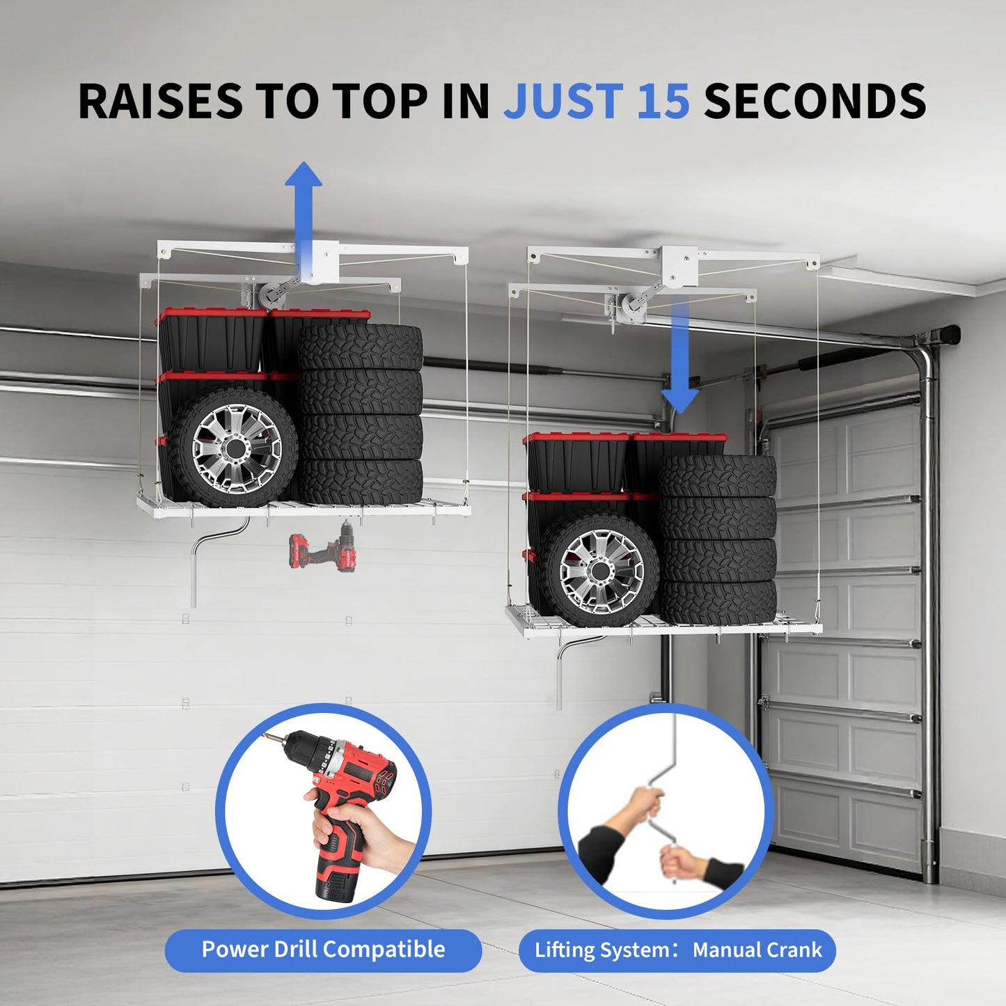 Overhead Garage Lifting Storage Rack, Maximize Your Garage Storage with Our 4x4 Ft Heavy-Duty Ceiling Storage Rack System, Supports 350 lbs, Adjustable & Easy to Install (White 4x4 ft)