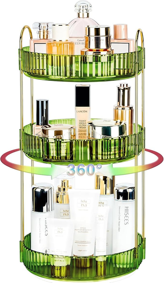 360 Rotating Makeup Organizer - Large Capacity Spinning Perfume & Cosmetic Skincare Holder for Vanity & Countertop (Gem Green, 3 Tier)
